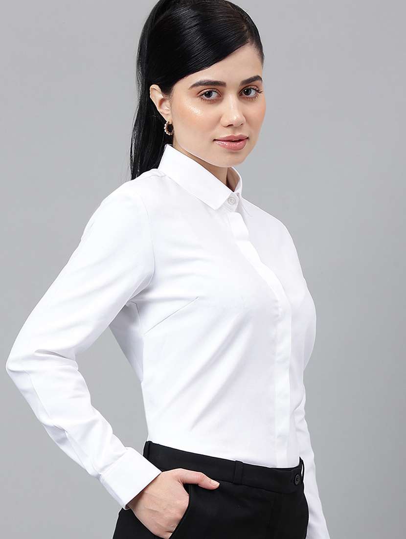 women solid collared long sleeve regular fit shirt - 22038414 -  Standard Image - 1