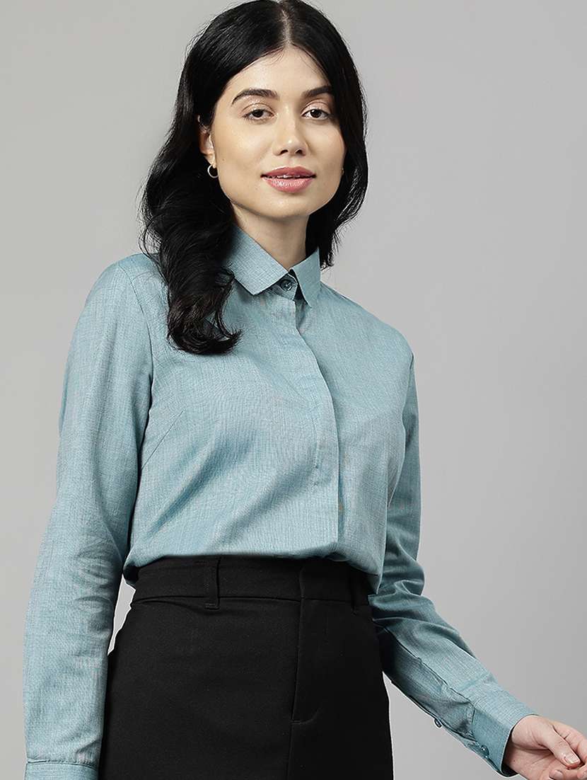 women solid collared long sleeve shirt - 22038418 -  Standard Image - 1