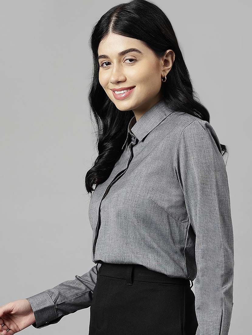 women solid collared long sleeve shirt - 22038419 -  Standard Image - 1