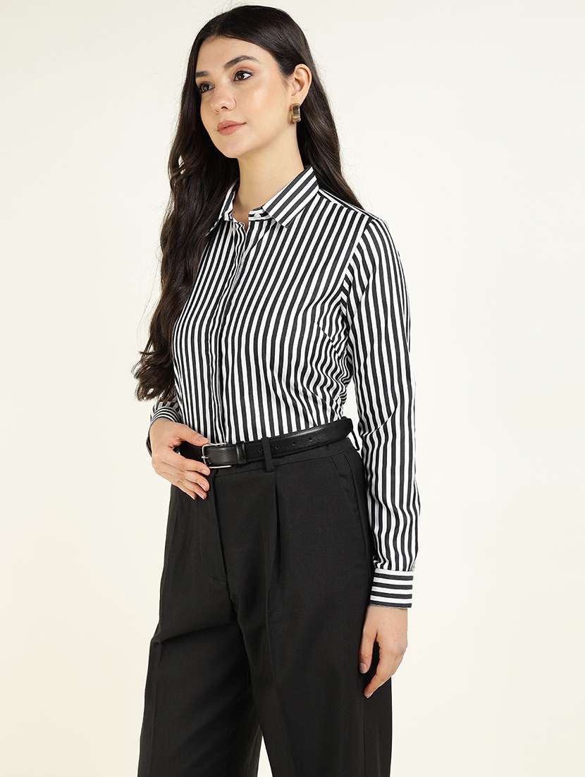 women striped collared long sleeve shirt - 22038430 -  Standard Image - 1
