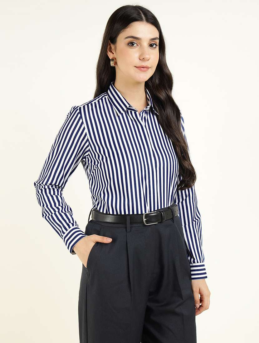 women striped collared long sleeve shirt - 22038431 -  Standard Image - 1
