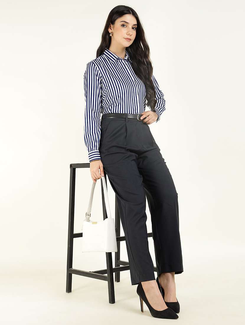 women striped collared long sleeve shirt - 22038431 -  Standard Image - 4