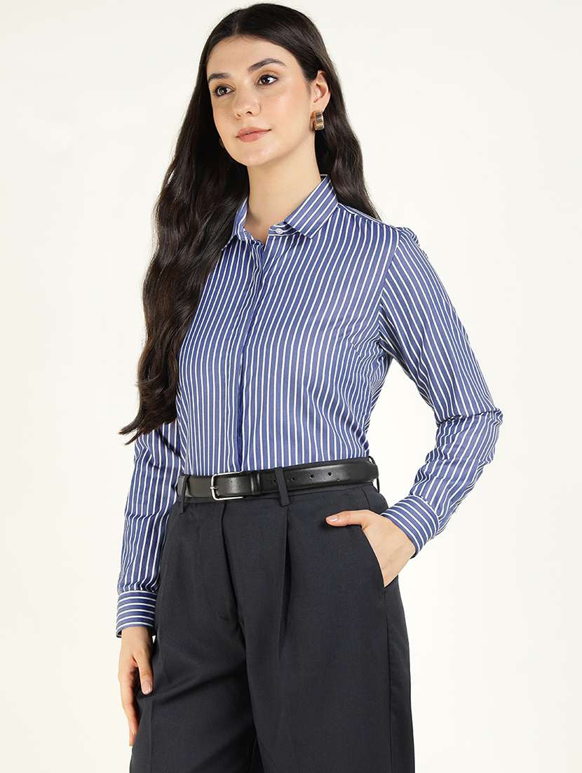 women striped collared long sleeve shirt - 22038432 - Standard Image - 1