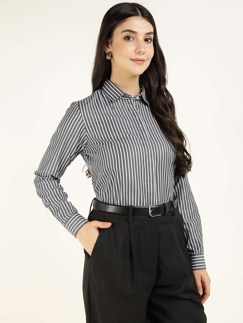 women striped collared long sleeve shirt - 22038433 -  Standard Image - 1