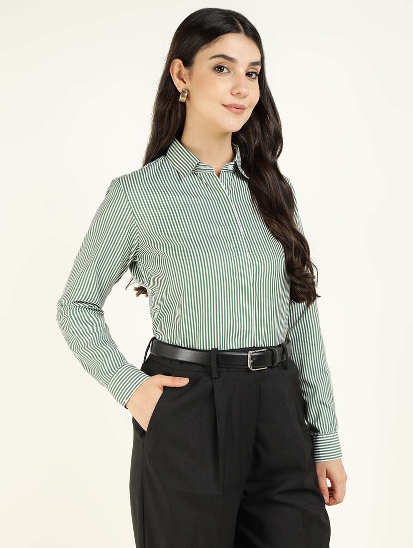 women striped collared long sleeve shirt - 22038436 -  Standard Image - 1