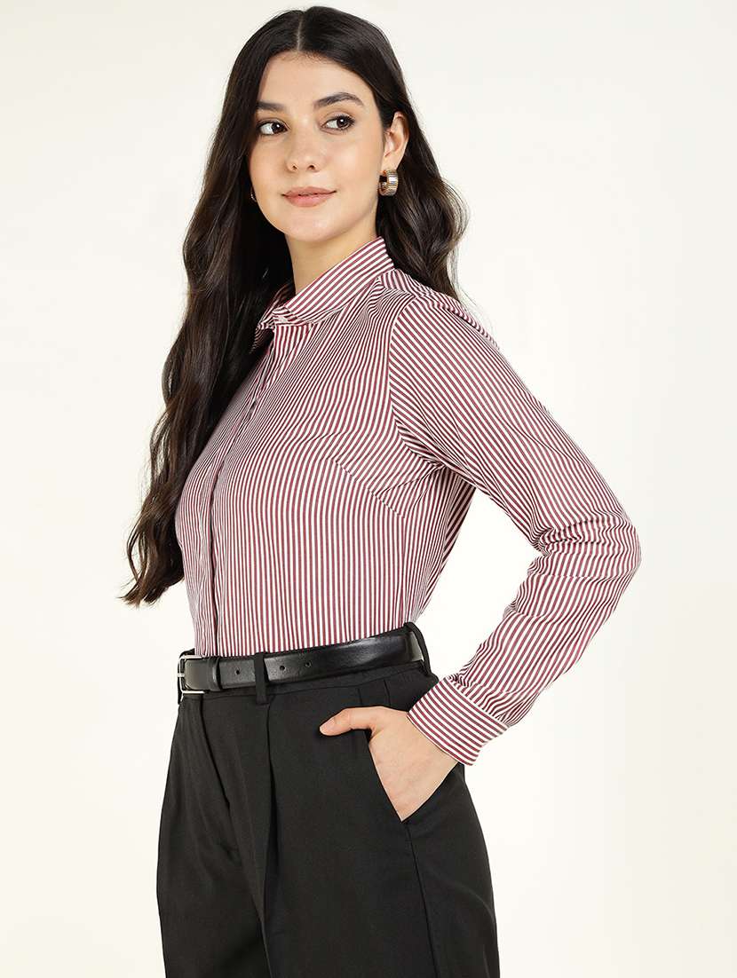 women striped collared long sleeve shirt - 22038437 -  Standard Image - 1