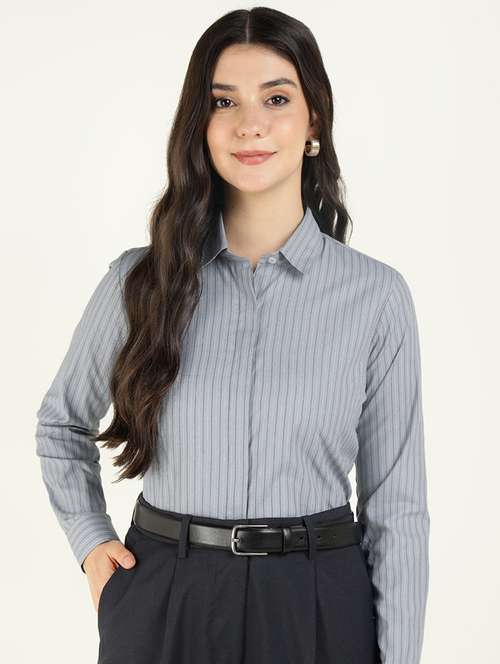 women striped collared long sleeve shirt - 22038438 -  Standard Image - 0