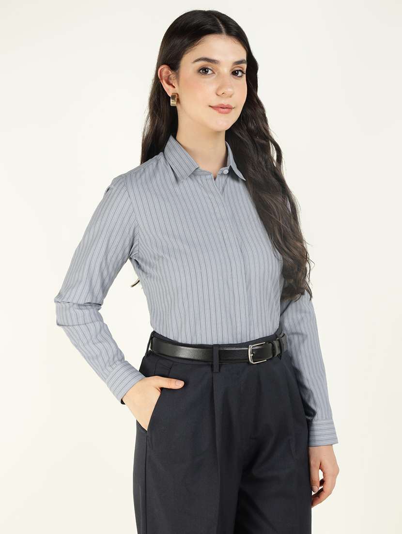 women striped collared long sleeve shirt - 22038438 -  Standard Image - 1
