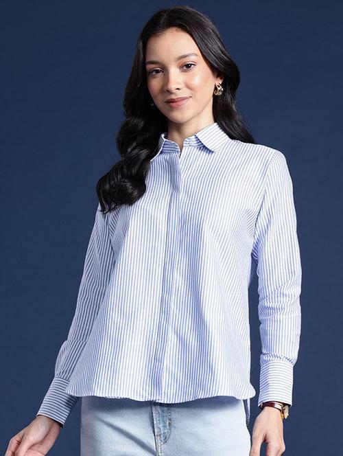 women striped collared long sleeve shirt - 22038442 - Standard Image - 0