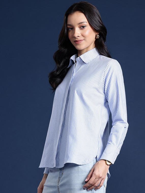 women striped collared long sleeve shirt - 22038442 - Standard Image - 1