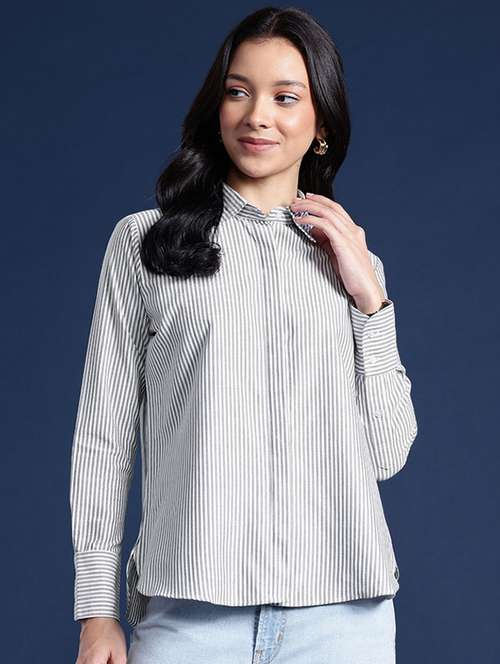 women striped collared long sleeve shirt - 22038445 - Standard Image - 0