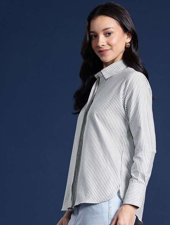 women striped collared long sleeve shirt - 22038445 - Standard Image - 1