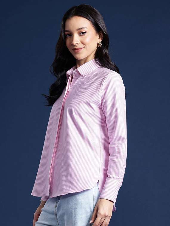 women striped collared long sleeve shirt - 22038446 -  Standard Image - 1