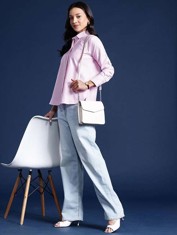 women striped collared long sleeve shirt - 22038446 -  Standard Image - 4