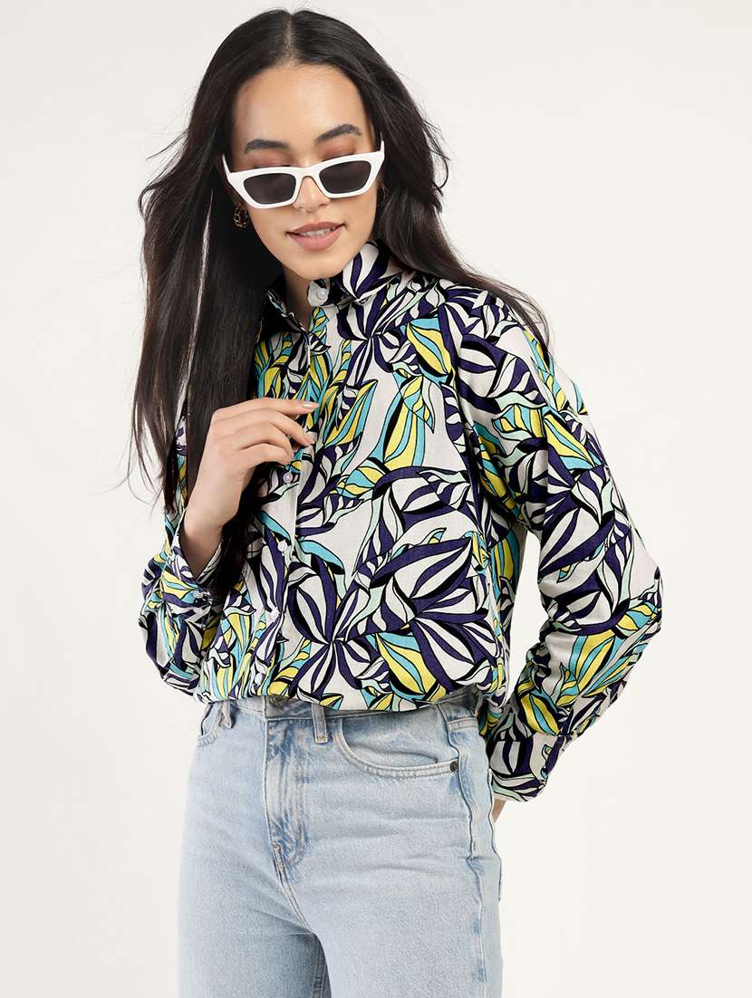 women printed collared long sleeve shirt