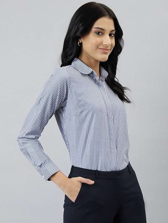 women striped collared long sleeve shirt - 22038449 -  Standard Image - 1