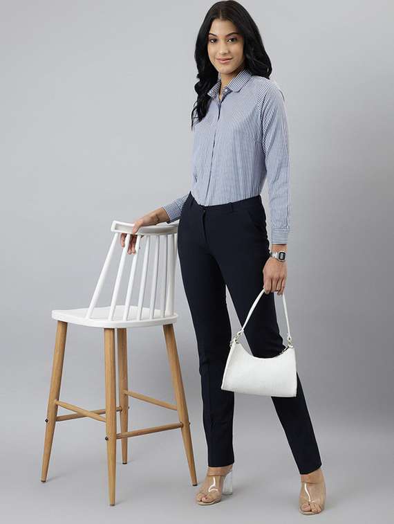 women striped collared long sleeve shirt - 22038449 -  Standard Image - 4