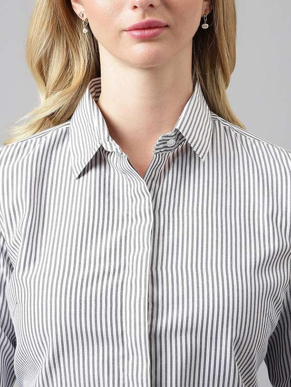 women striped collared long sleeve shirt - 22038451 -  Standard Image - 4