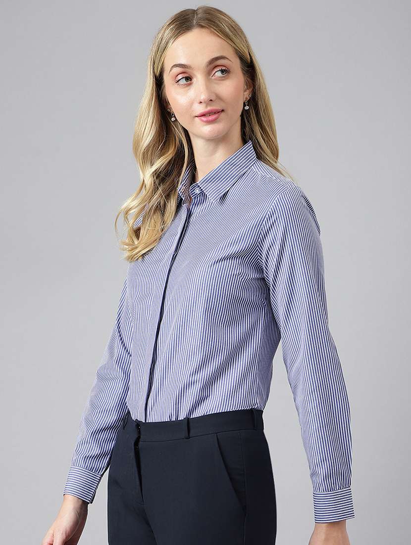 women striped collared long sleeve shirt - 22038455 -  Standard Image - 1