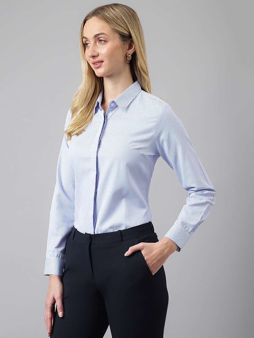 women striped collared long sleeve shirt - 22038456 -  Standard Image - 1