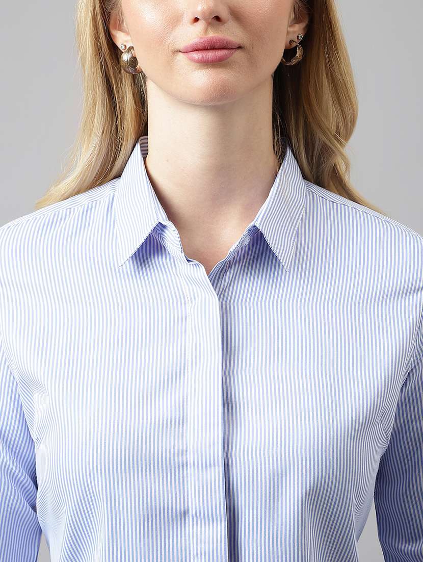 women striped collared long sleeve shirt - 22038456 -  Standard Image - 4