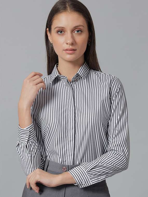 women striped collared long sleeve shirt