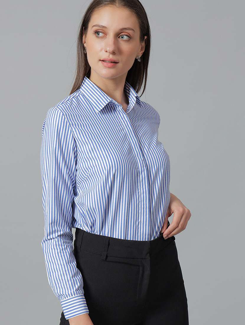 women striped collared long sleeve shirt - 22038459 -  Standard Image - 1