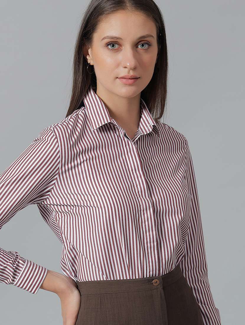 women striped collared long sleeve shirt - 22038460 -  Standard Image - 1