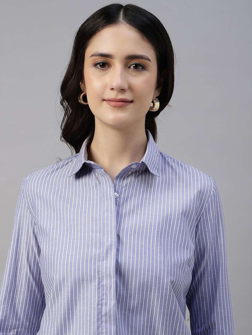women striped collared long sleeve shirt - 22038470 -  Standard Image - 1