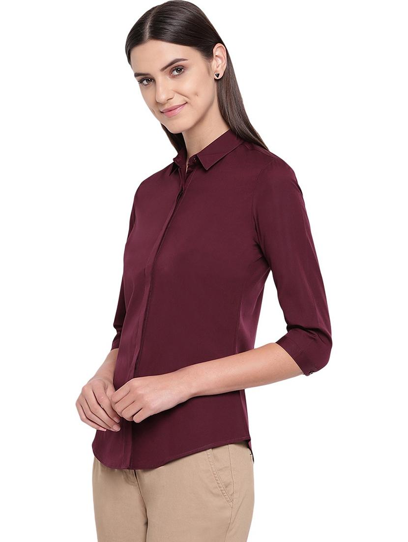 women solid collared three quarter sleeve shirt - 22038471 -  Standard Image - 1