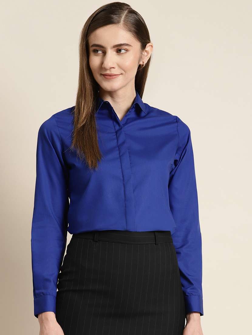 women solid collared long sleeve shirt