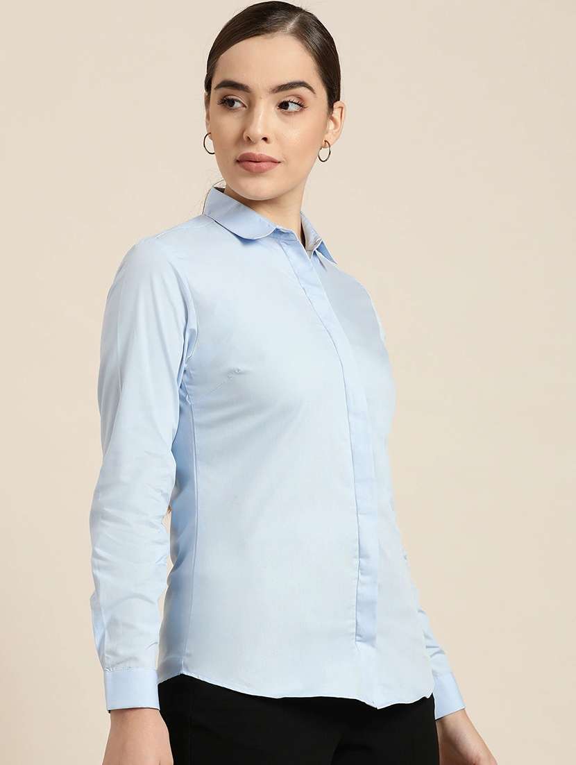 women solid collared long sleeve shirt - 22038477 -  Standard Image - 1