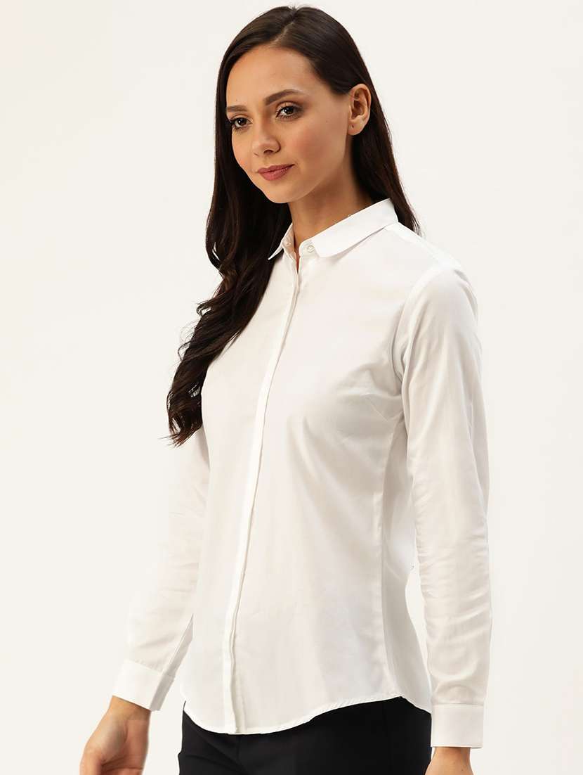 women solid collared long sleeve shirt