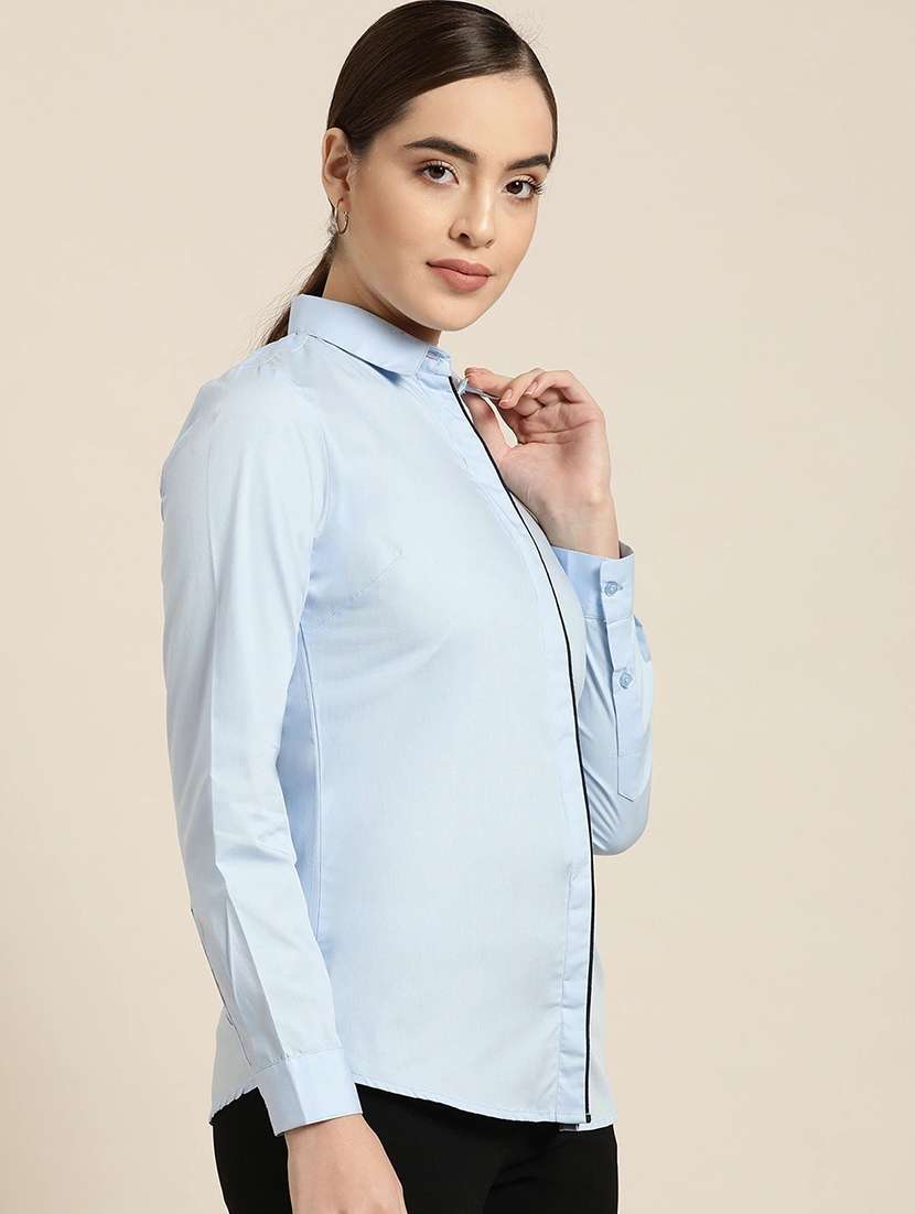 women solid collared long sleeve shirt - 22038482 -  Standard Image - 1