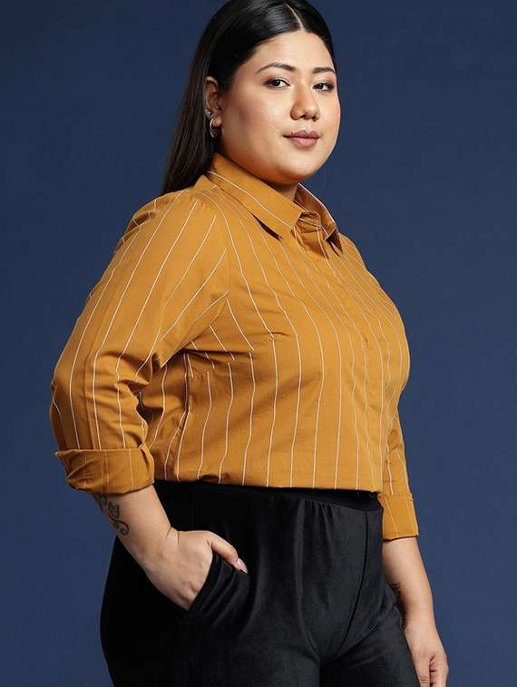 women plus size striped collared long sleeve shirt - 22038487 -  Standard Image - 1