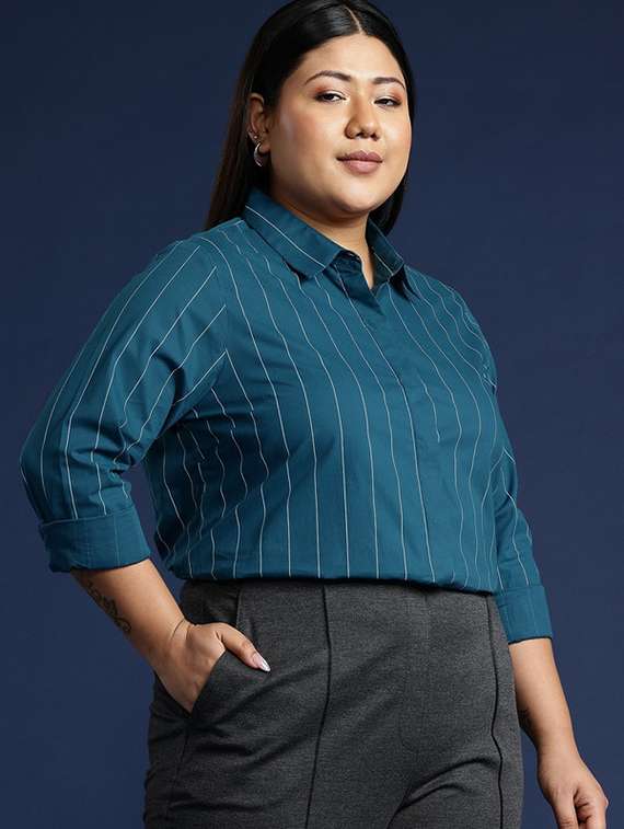 women plus size striped collared long sleeve shirt - 22038488 -  Standard Image - 1