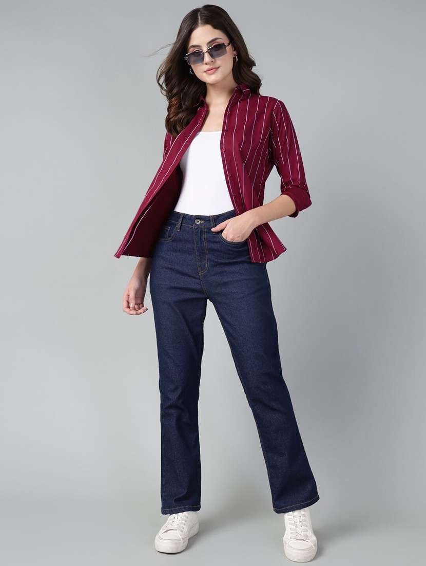 women striped collared long sleeve shirt - 22038489 -  Standard Image - 4