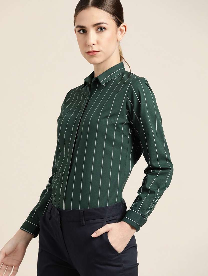women striped collared long sleeve shirt
