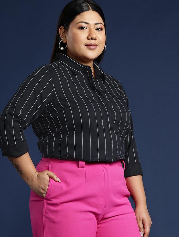 women plus size striped collared long sleeve shirt - 22038492 - Standard Image - 1