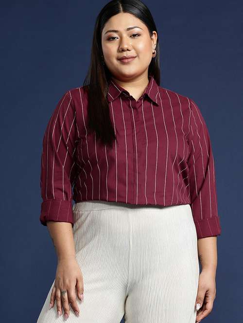 women plus size striped collared long sleeve shirt - 22038499 -  Standard Image - 0