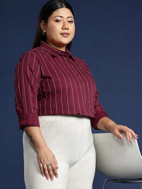 women plus size striped collared long sleeve shirt - 22038499 -  Standard Image - 1
