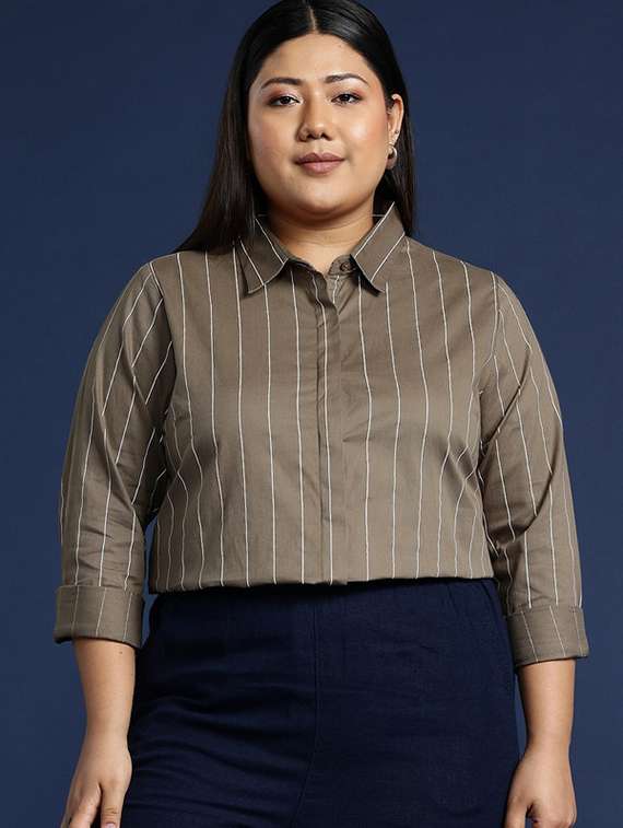 women plus size striped collared long sleeve shirt