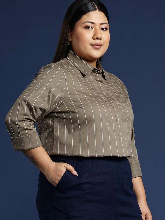 women plus size striped collared long sleeve shirt - 22038504 -  Standard Image - 1