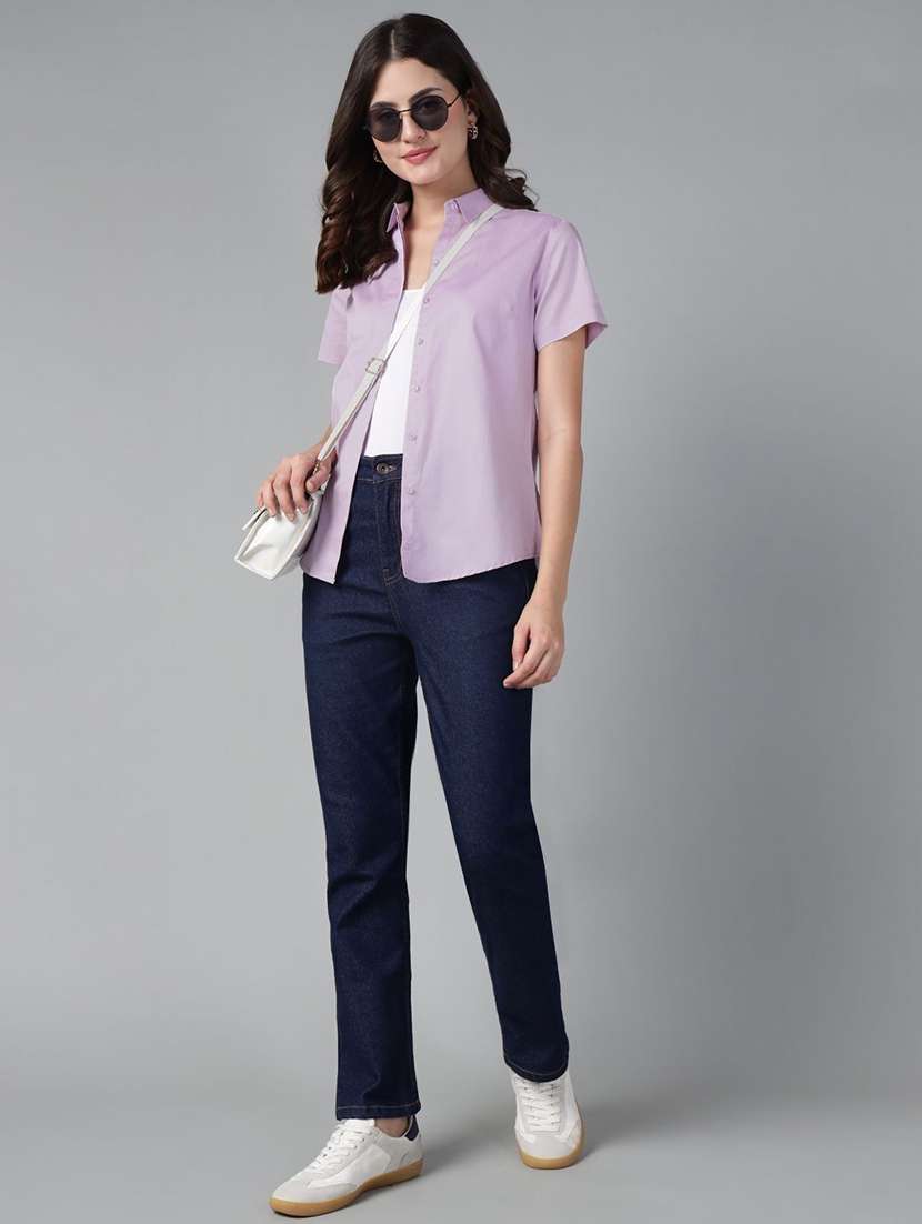 women solid collared short sleeve shirt - 22038514 -  Standard Image - 4