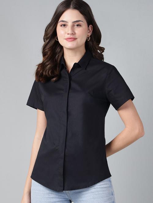 women solid collared short sleeve shirt - 22038515 -  Standard Image - 0