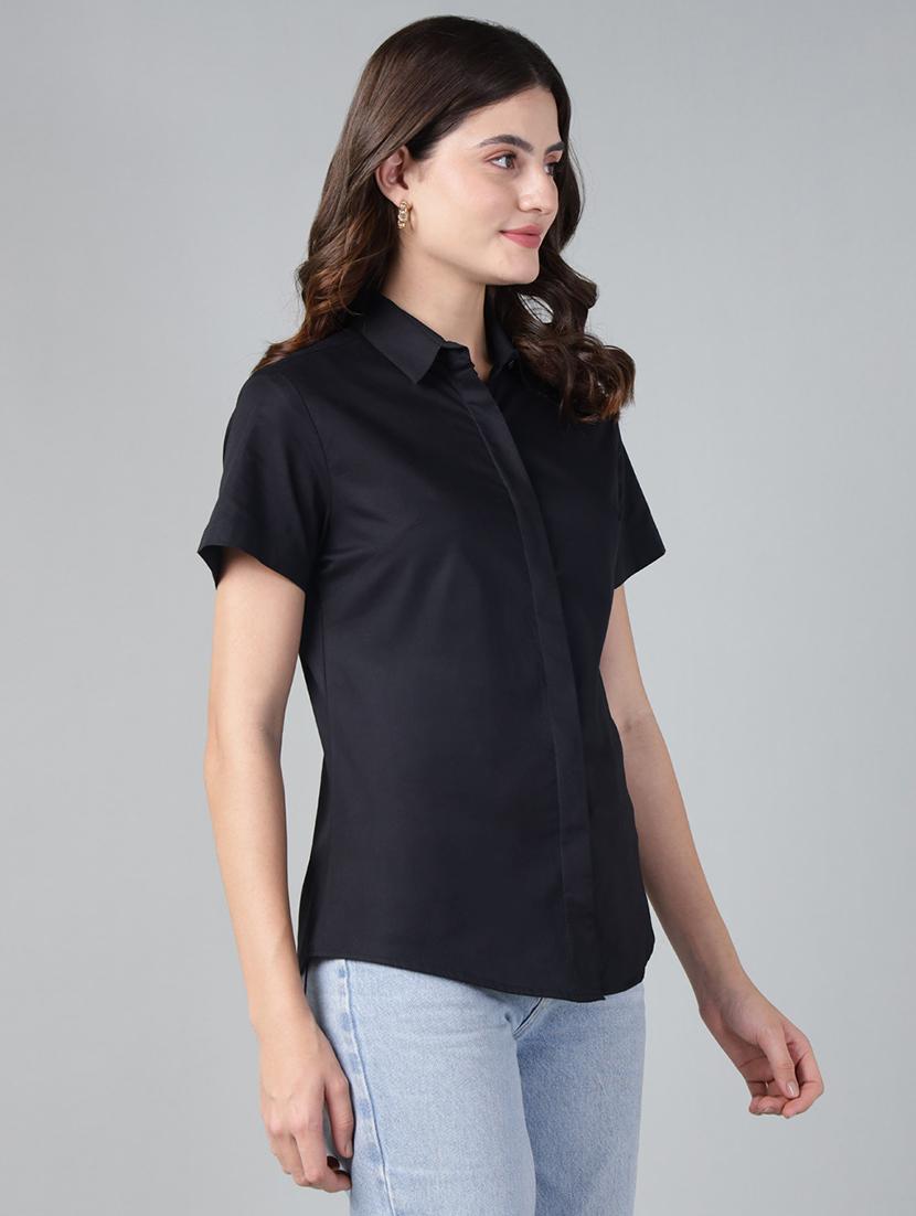 women solid collared short sleeve shirt - 22038515 -  Standard Image - 1