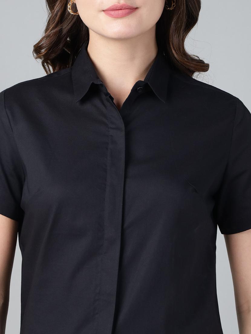 women solid collared short sleeve shirt - 22038515 - Standard Image - 4