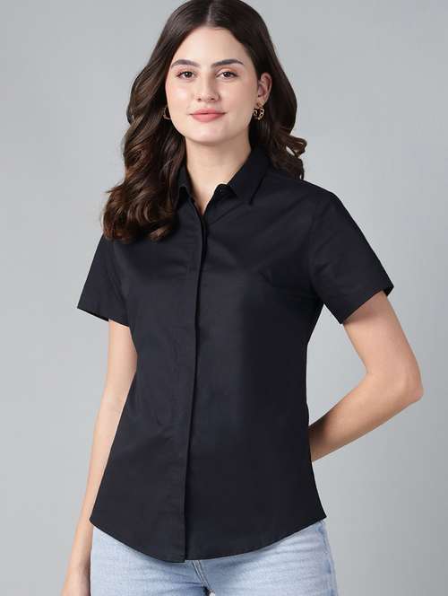 women solid collared short sleeve shirt - 22038516 -  Standard Image - 0