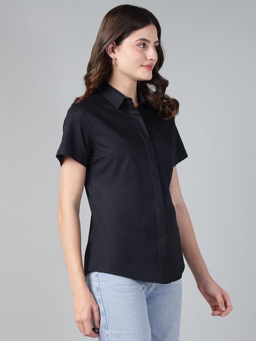 women solid collared short sleeve shirt - 22038516 - Standard Image - 1