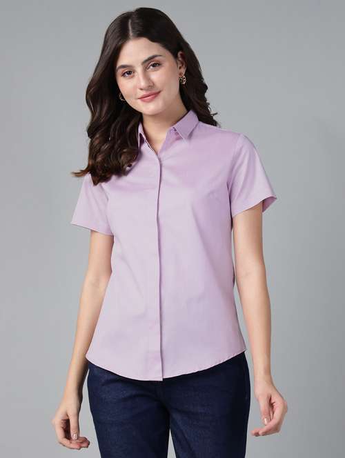 women solid collared short sleeve shirt - 22038517 -  Standard Image - 0
